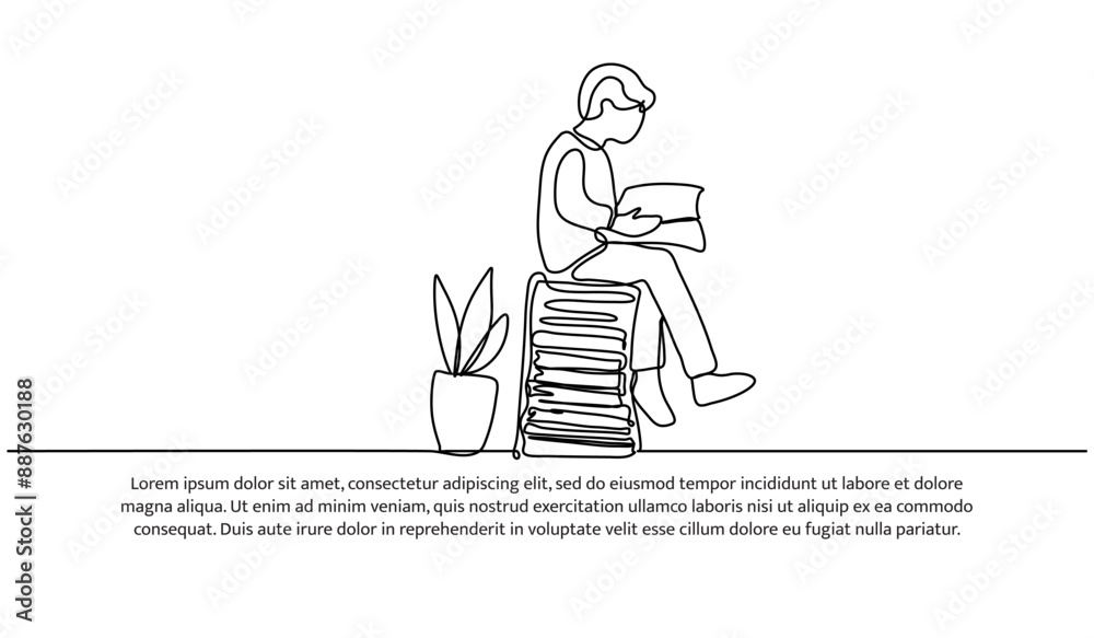 Continuous one line design of a little boy reading a book. Minimalist style vector illustration on white background. Continuous one line design of a little boy reading a book. Minimalist style vector illustration on white background.