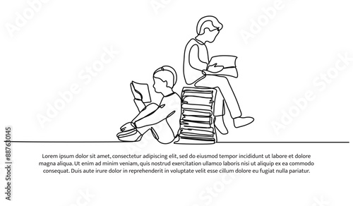Continuous one line design of two little children reading a book together. Minimalist style vector illustration on white background.