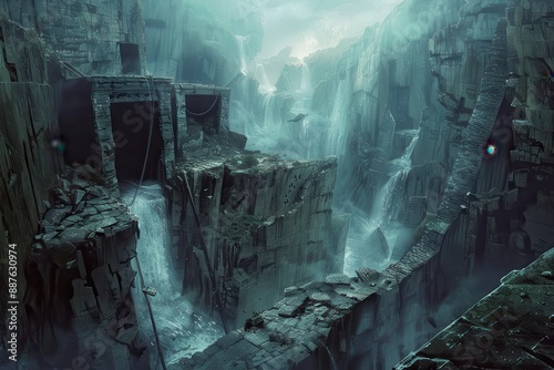 Ancient alien ruins overgrown with vegetation in a flooded canyon