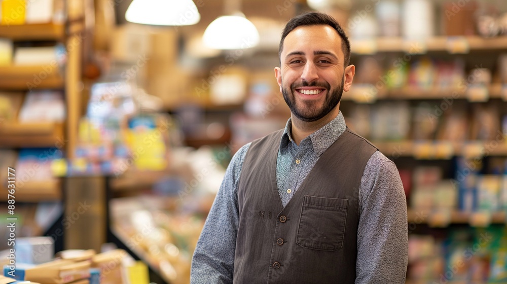 A Male Store Manager in Neat Clothes Smiling Warmly at the Camera in a Neatly Organized Store, Reflecting Professionalism in Retail Management and Customer Service Excellence A Male Store Manager in Neat Clothes Smiling Warmly at the Camera in a Neatly Organized Store, Reflecting Professionalism in Retail Management and Customer Service Excellence