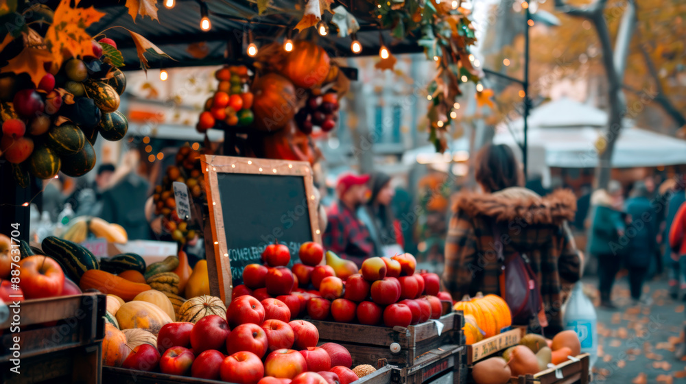 Autumn market stall with fresh apples and seasonal decorations, festive atmosphere. Autumn market stall with fresh apples and seasonal decorations, festive atmosphere.