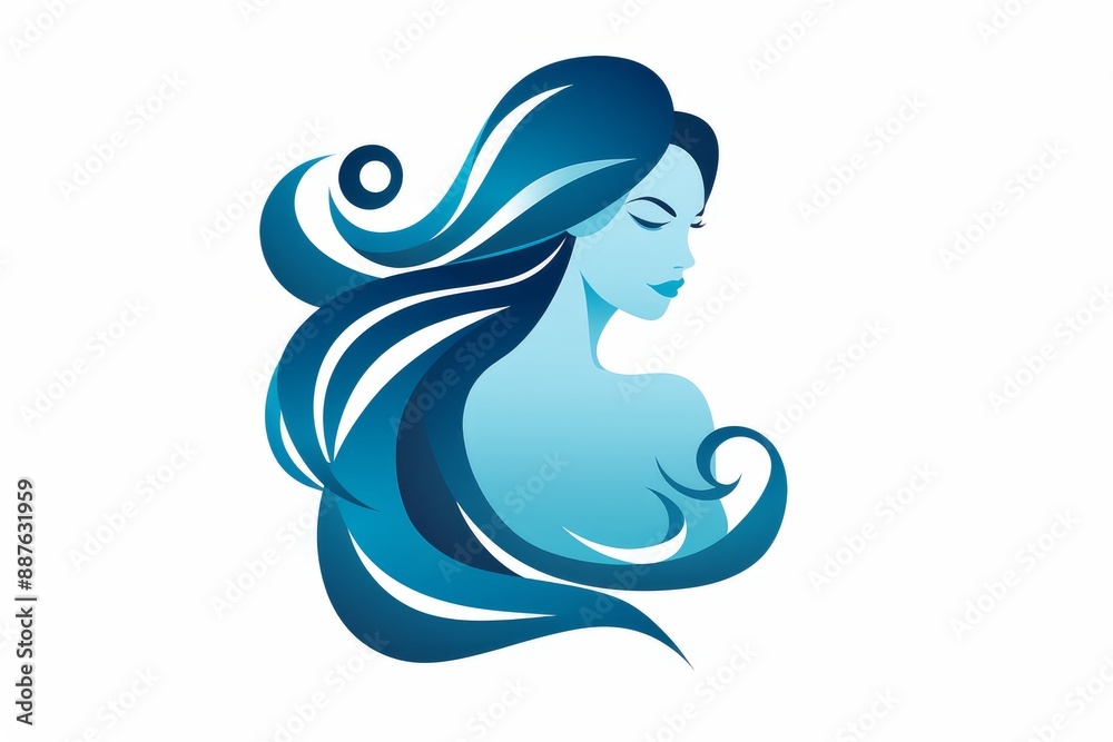 A beautiful girl with long blue hair, a simple flat illustration in blue tones on a white isolated background. Design concept for beauty salons, spas, cosmetics, hairdressing, fashion, logo. A beautiful girl with long blue hair, a simple flat illustration in blue tones on a white isolated background. Design concept for beauty salons, spas, cosmetics, hairdressing, fashion, logo.