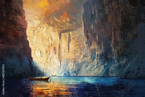 Picturesque digital painting of a boat on a lake between towering cliffs