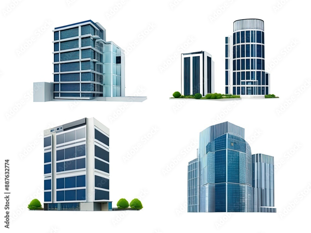 Different styles of modern buildings isolated on white background, high rise buildings. Different styles of modern buildings isolated on white background, high rise buildings.