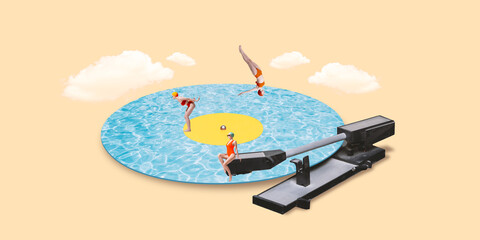 Contemporary art collage. Swimmers in vintage swimsuits performing on vinyl record that resembles pool against peach background with clouds. Concept of retro summer, music, surrealism, holidays