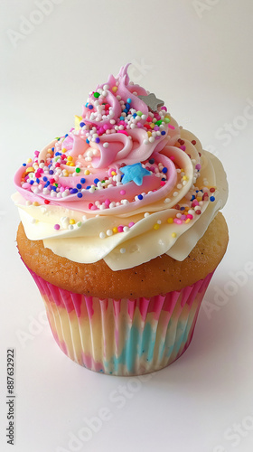 A beautifully decorated cupcake with intricate fro baking, baking cup, cake, color, cuisine, cupcake, dessert, food, furniture, high-key, on1 keyword ai, table, white, giga