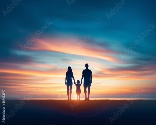 The photo shows a family of three holding hands and walking into the sunset. photo