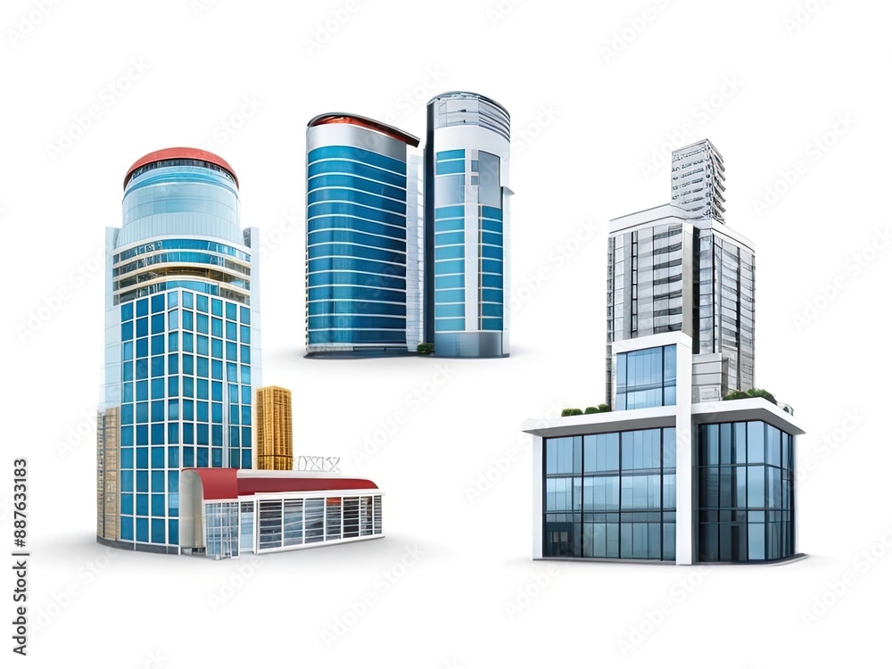 Different styles of modern buildings isolated on white background, high rise buildings. Different styles of modern buildings isolated on white background, high rise buildings.