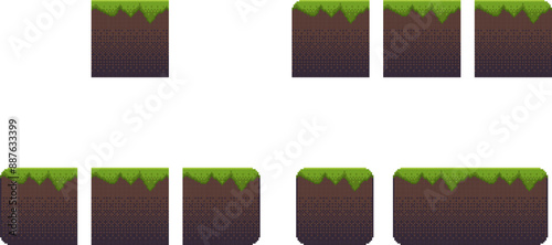 Pixel art tile set for 2d retro video-game. A set of ground tiles with grass for platformer for location constructor. Vector illustration.