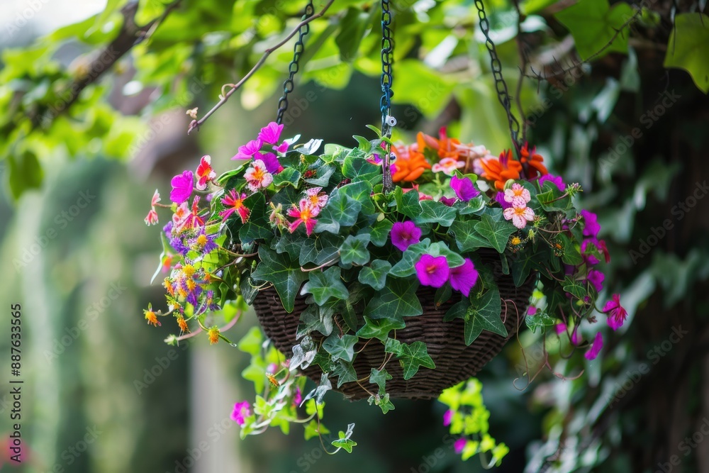 A beautiful hanging basket overflowing with trailing ivy and colorful flowering plants, swaying gently in the breeze