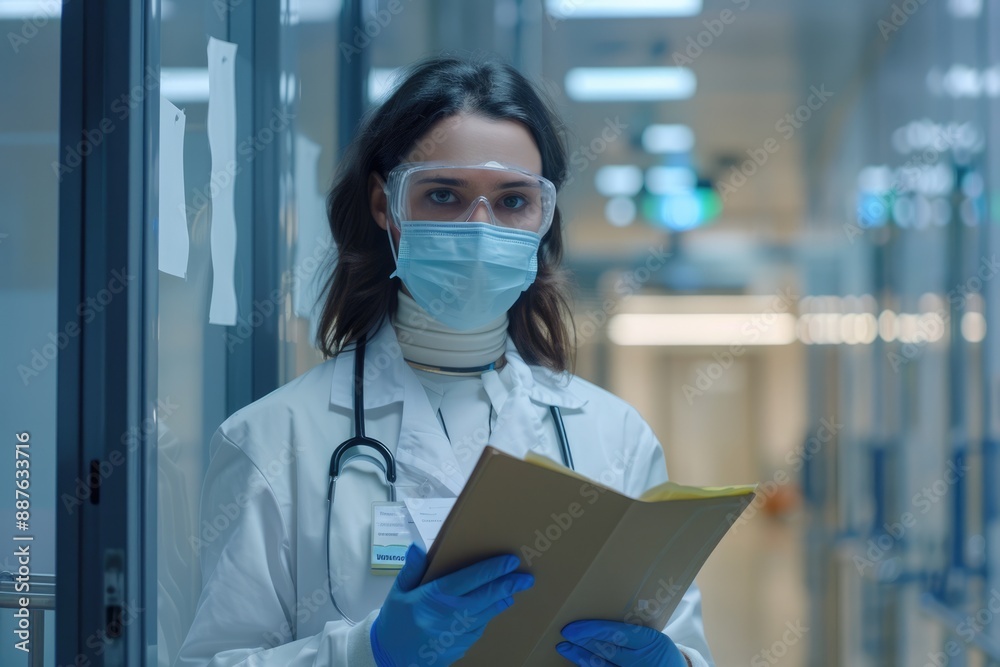 Lab researcher in mask and gloves holding folder by door. Lab researcher in mask and gloves holding folder by door.