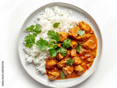 A plate of chicken curry with rice garnished with 13 3