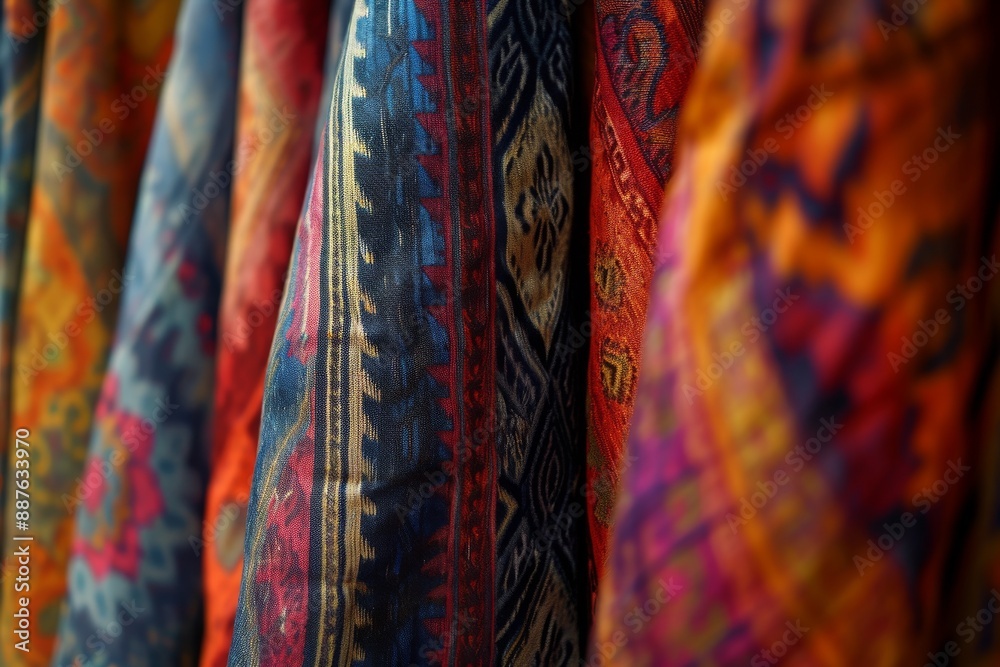 Colorful silk curtains hanging in sunlight, Textile drapery colorful, Colorful upholstery fabric samples in store, AI generated Colorful silk curtains hanging in sunlight, Textile drapery colorful, Colorful upholstery fabric samples in store, AI generated