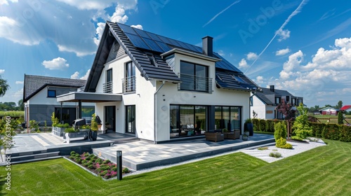 Wallpaper Mural New suburban house with a photovoltaic system on the roof. Modern eco friendly passive house with landscaped yard. Solar panels on the gable roof Torontodigital.ca