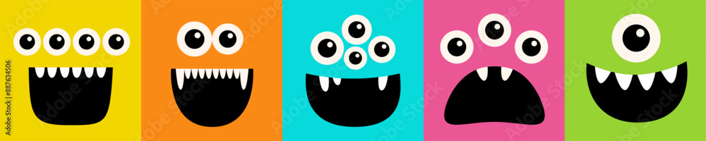 Naklejka premium Happy Halloween. Cute monster face head set line banner. Five square monsters. Spooky Smiling Boo screaming sad face emotion. Eyes, teeth fang, open mouse. Flat design. Colorful background. Vector