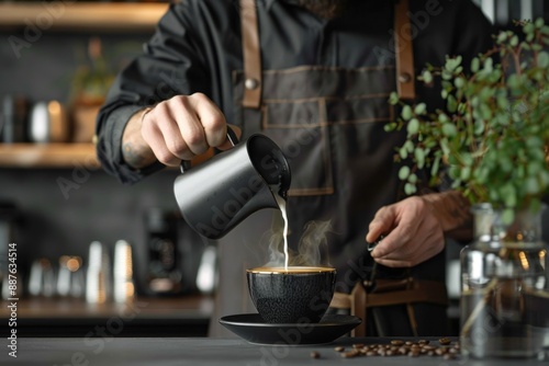 Minimalist coffee bar scene with a barista pouring milk into a latte, emphasizing simplicity and modern aesthetics.