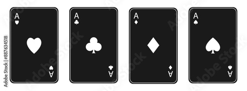 Black playing card set. Four aces icon. Poker cards suits. Diamonds, hearts, clubs, spades ace. Winning poker hand. Las Vegas Casino gambling concept. Simple flat design. Black background. Vector