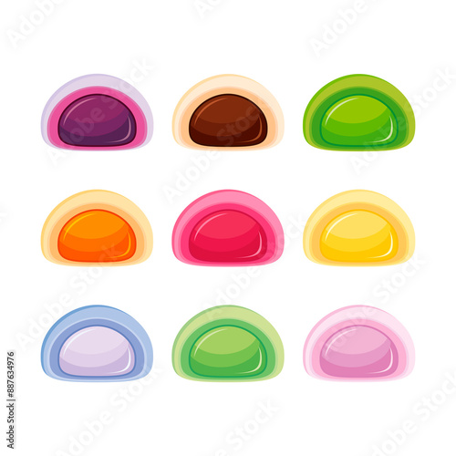 Mochi rice cake collection illustration. Sweet japanese rice cake colorful icon set isolated on a white background. Set of multicolored mochi cake drawing