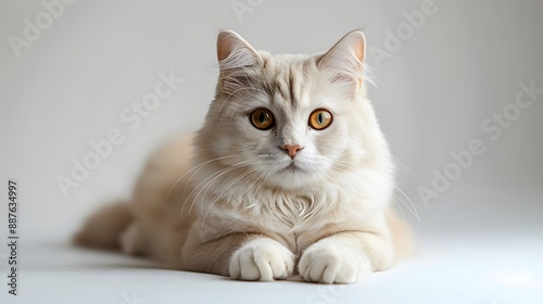 8. A minimalist image with a white background featuring a single white Persian cat, positioned in the center
