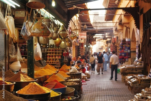 A bustling souk, with stalls selling spices, carpets, and ceramics, narrow alleys filled with people, and the sounds of merchants haggling