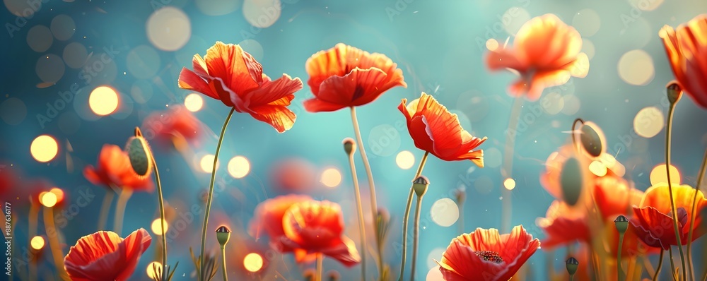 Blooming red poppy flowers in summer field in sunset light. Wildflower meadow. Memorial Day, Armistice day and Anzac Day. Beautiful natural background for design greeting card, banner, poster Blooming red poppy flowers in summer field in sunset light. Wildflower meadow. Memorial Day, Armistice day and Anzac Day. Beautiful natural background for design greeting card, banner, poster