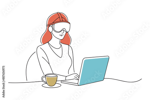 Woman immersed in virtual reality at her desk Hand drawn offset fill with doodle illustration