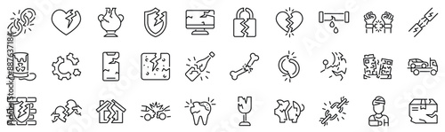Set of 30 outline icons related to damaged, broken. Linear icon collection. Editable stroke. Vector illustration