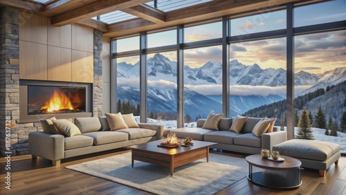 Serene winter wonderland ambiance with plush sofa, crackling fireplace, and floor-to-ceiling panoramic window overlooking breathtaking snow-capped mountains landscape. photo