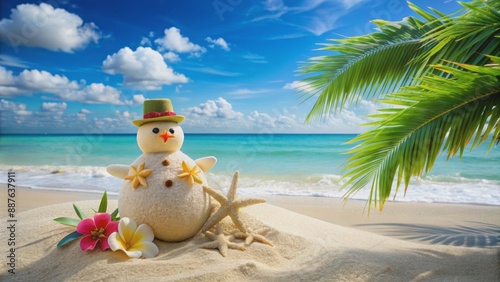 Winter wonderland scene on a sunny beach featuring a snowman built from sand, adorned with seashells and tropical flowers.