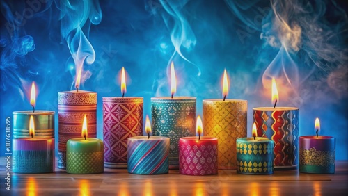 Vibrant assortment of colorful candles in varied shapes and patterns burning brightly in a long row on a blue background. photo