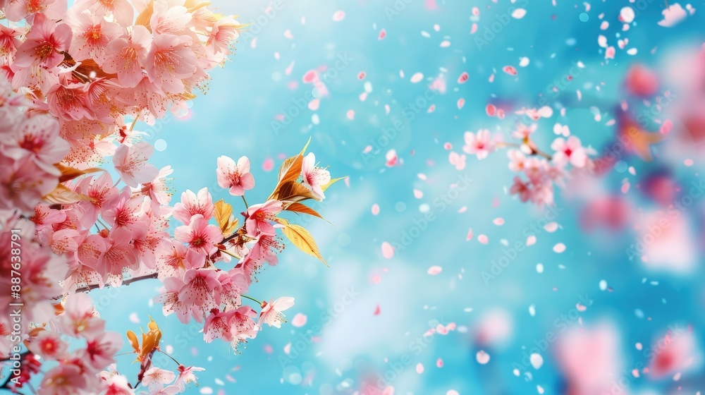 Delicate pink cherry blossoms bloom against a soft blue sky Delicate pink cherry blossoms bloom against a soft blue sky
