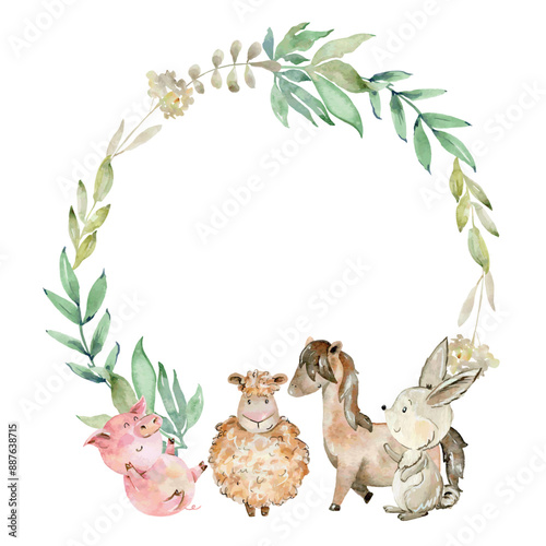 Baby shower card. Watercolor vector card with farm animals.