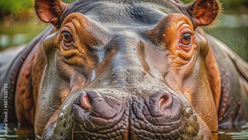 Macro view of a hippopotamus's facial features, emphasizing its bulbous nose, whiskers, and subtle texture of its wet skin tone. photo