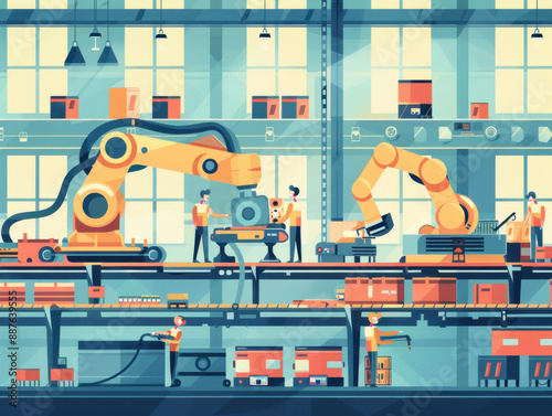 Industrial factory with robotic arms and workers on an assembly line in a modern manufacturing facility