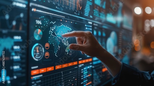 Business Finance Data Analytics Graph: Financial Management Technology with Advisor Using KPI Dashboard on Virtual Screen. Data management system (DMS), Business analytics.