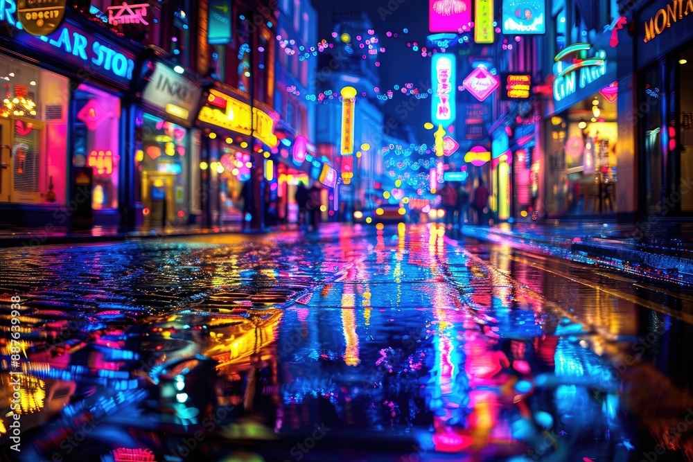 City lights reflecting off wet pavement at night City lights reflecting off wet pavement at night