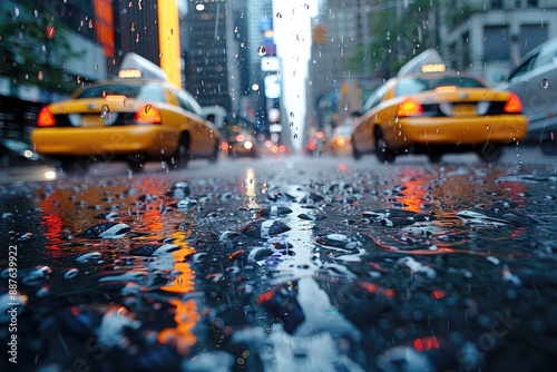 City street with yellow taxis driving through a rain shower photo