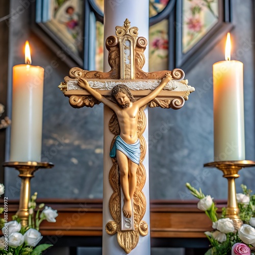 Ornate crucifix with candles and flowers in a church