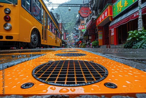 City street with a yellow bus in the distance and a metal grate in the foreground photo