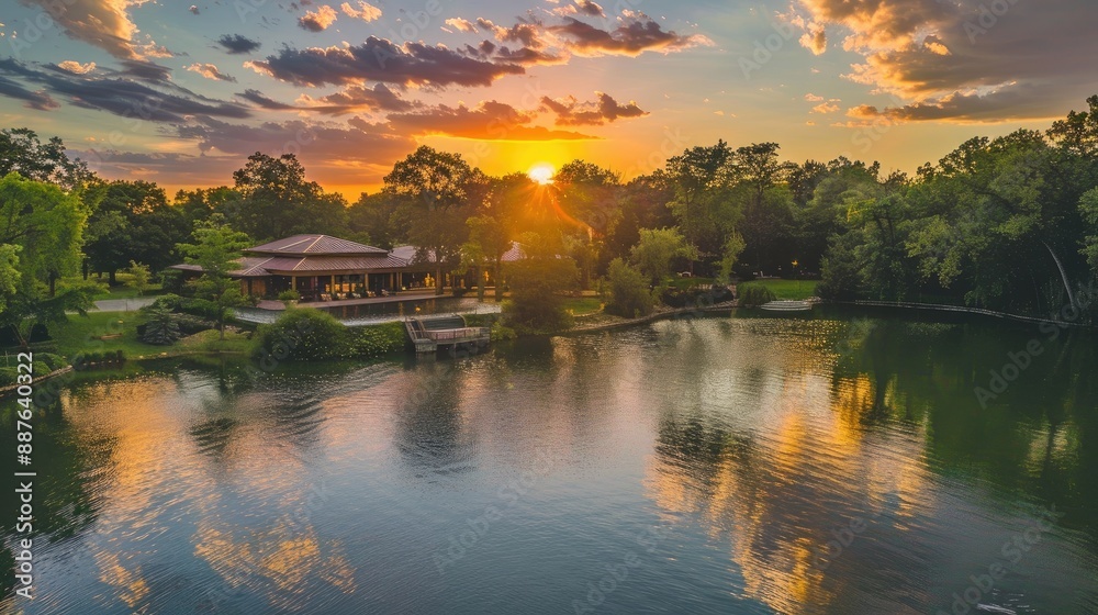 Obraz premium Sunset view of lake house and trees across