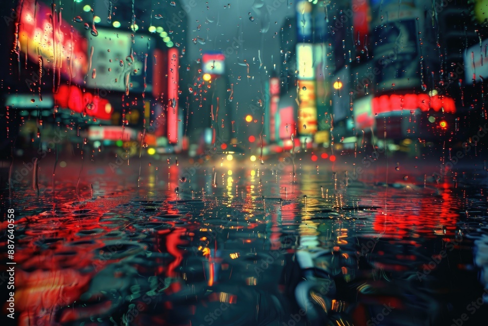 Naklejka premium City lights reflecting off a wet city street during a rain shower