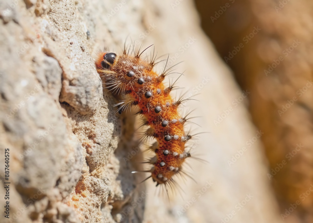 Small, hairy Anthrenus verbasci larvae crawls up a rough, dry concrete wall, its tiny legs grasping the surface on a bright, warm sunny day. Small, hairy Anthrenus verbasci larvae crawls up a rough, dry concrete wall, its tiny legs grasping the surface on a bright, warm sunny day.