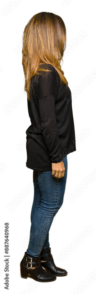 Beautiful middle age woman wearing glasses looking to side, relax profile pose with natural face with confident smile. Beautiful middle age woman wearing glasses looking to side, relax profile pose with natural face with confident smile.