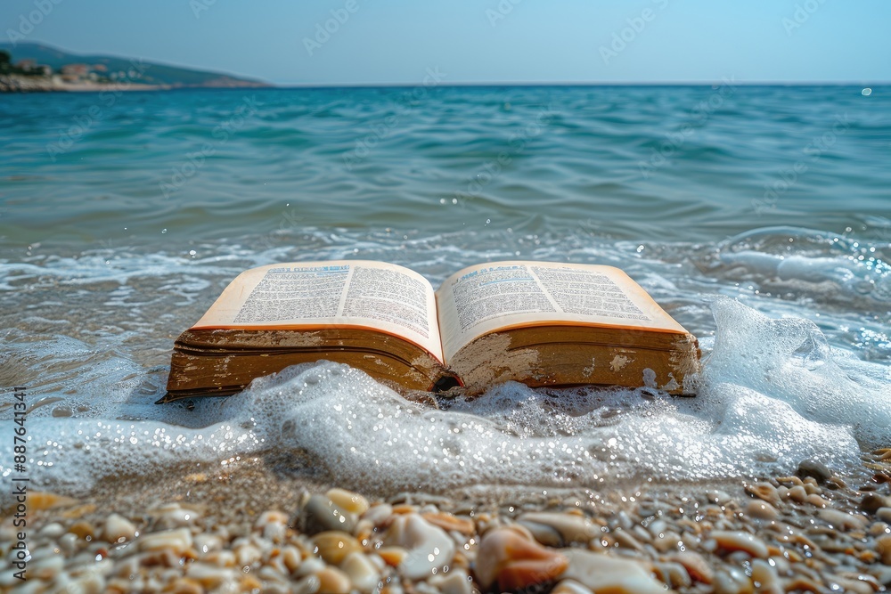 Book getting soaked with water at the beach Book getting soaked with water at the beach