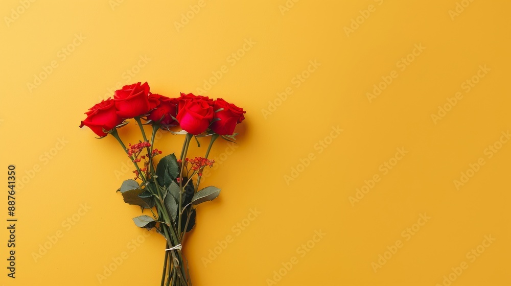 Fototapeta premium Romantic Red Rose Bouquet on Warm Yellow Background for Valentine's Day Celebration