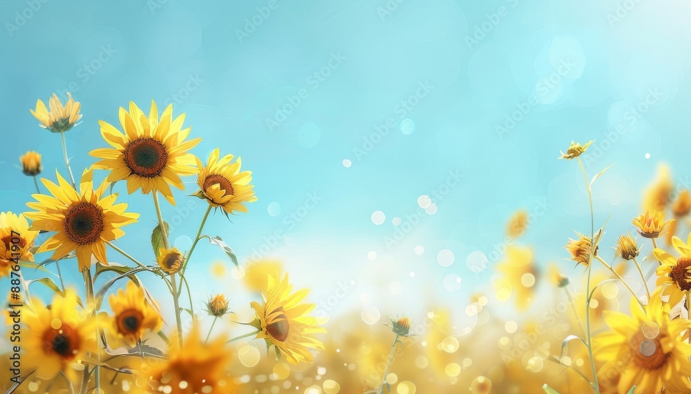 Vibrant Sunflowers in a Golden Field Basking in Summer Sunlight with Blue Sky Background Vibrant Sunflowers in a Golden Field Basking in Summer Sunlight with Blue Sky Background