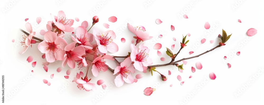 Tranquil Spring Beauty: Realistic Cherry Blossom Flowers on White Background Tranquil Spring Beauty: Realistic Cherry Blossom Flowers on White Background