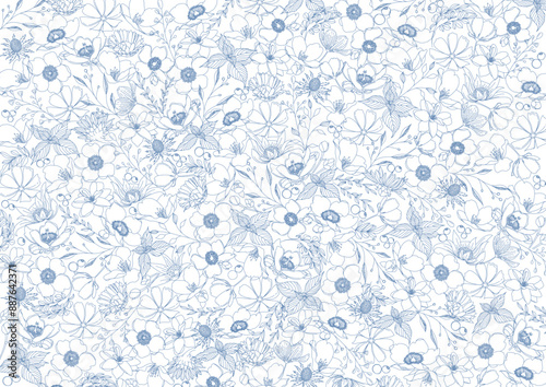 青色の美しい花の線画のボタニカル背景素材