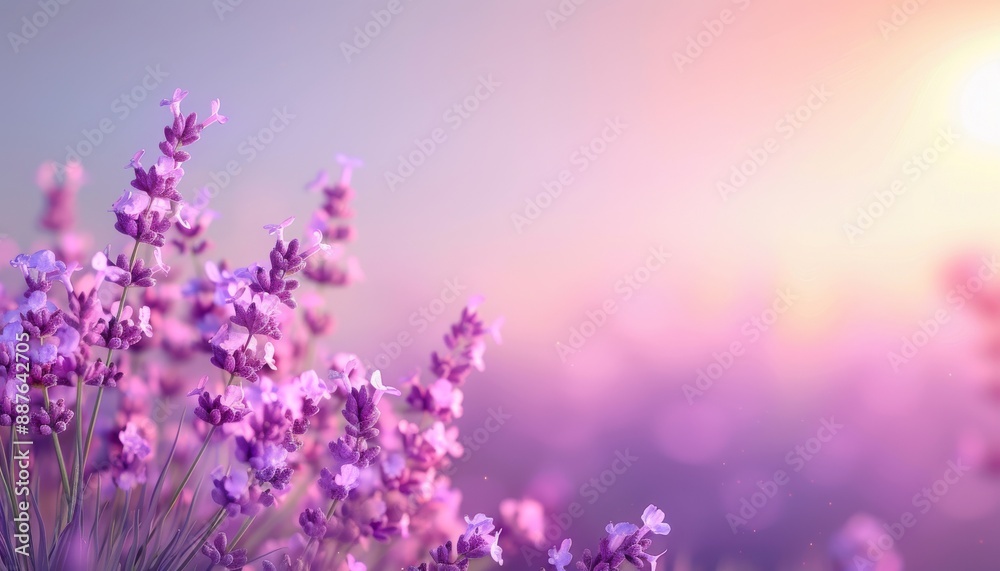 Naklejka premium Serene Lavender Field in Full Bloom on Pastel Background, Aromatherapy Concept