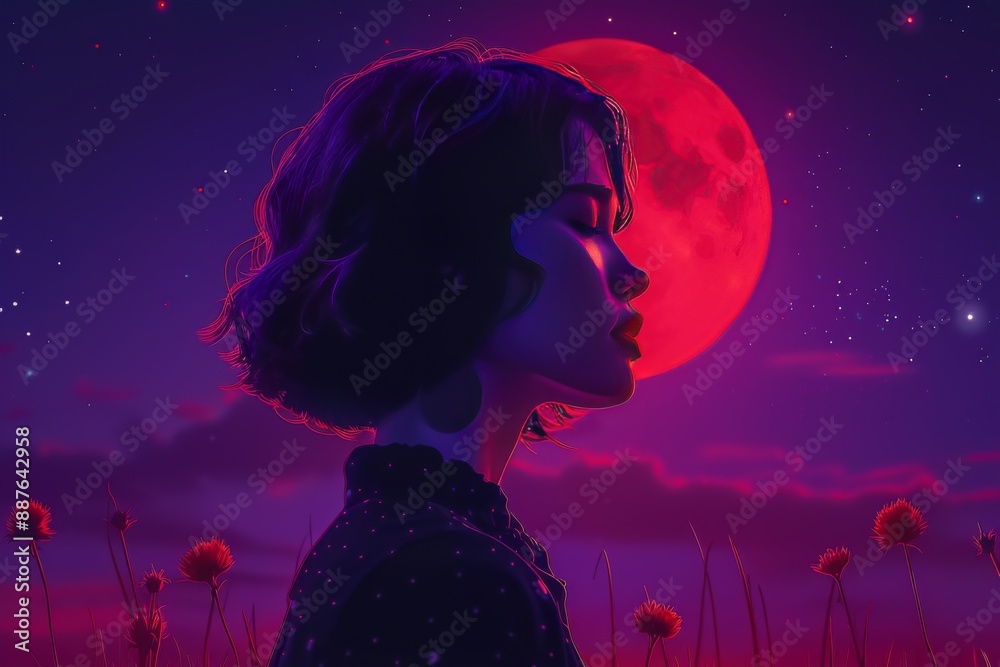 Silhouette of woman under red moon dramatic and mystical digital illustration Silhouette of woman under red moon dramatic and mystical digital illustration